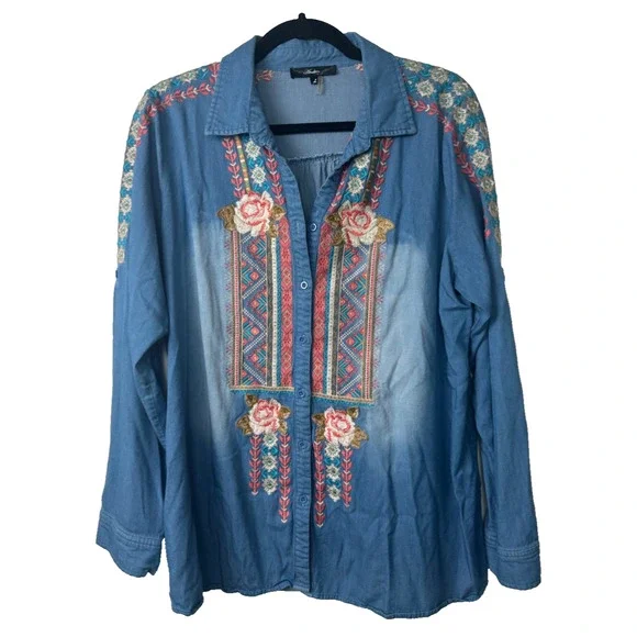 Andree By Unit Embroidered Floral Bttn Shirt Blouse L Boho Western Chambray B14 - Picture 1 of 8